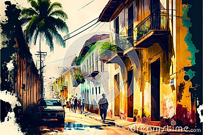 Colorful street in Cartagena, Colombia. Vintage painting style Stock Photo