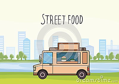 Beige street-food truck on cityscape background with trees and skyscrapers. Car selling burgers and salads. Vector Vector Illustration