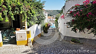 A colorful Street in the medieval town of Obidos, Portugal. Stock Photo