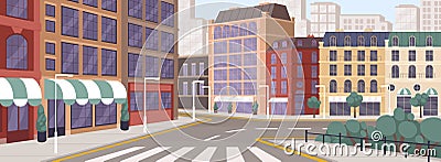 Colorful street of modern European city vector graphic illustration. Architecture building exterior of downtown Vector Illustration