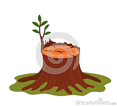 Colorful stump with roots and sprouted tree seedling. deforestation concept. flat vector illustration Cartoon Illustration