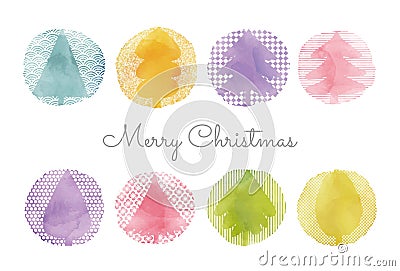 Colorful stylish Christmas card with watercolor and Japanese pattern Christmas trees Stock Photo