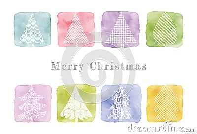 Colorful stylish Christmas card with watercolor and Japanese pattern Christmas trees Stock Photo