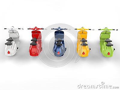 Colorful stylish vintage scooters - top rear view Stock Photo