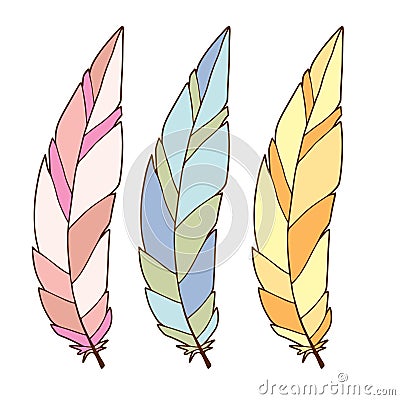 Colorful stylized feathers. Interior printable art. Minimalism feather design. Poster or temporary tattoo Vector Illustration