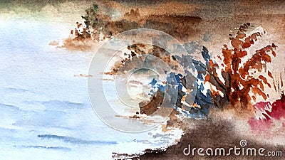 Colorful stylized landscape with bushes on the lake shore and fog. Hand drawn watercolors on paper textures Stock Photo