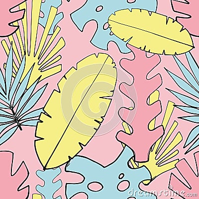 Colorful stylized tropical leaves. Vector seamless pattern Vector Illustration