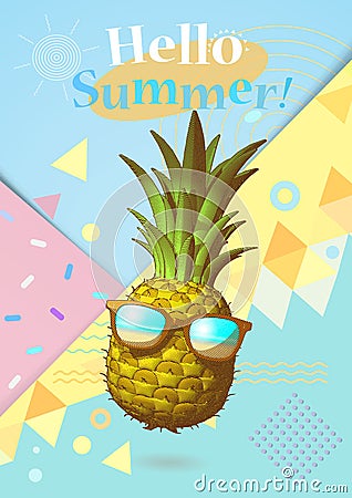 Colorful summer BG with fancy pineapple and geometry symbol Vector Illustration