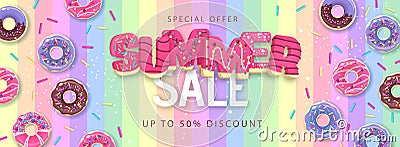 Colorful summer big sale poster with sweet donuts on rainbow background. Summertime background. Junk food background. Typography Vector Illustration