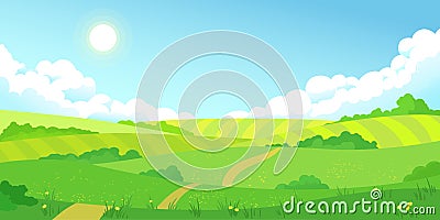 Colorful summer bright fields landscape, green grass, clear blue sky Vector Illustration