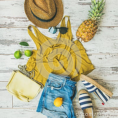 Colorful summer fashion outfit flat-lay over pastel background, square crop Stock Photo