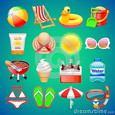 Colorful Summer Icons Set Vector Illustration