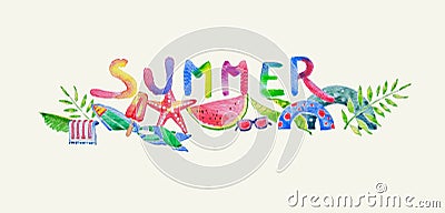 Colorful Summer Label in Watercolor created by Hand Drawn, Beach Stock Photo