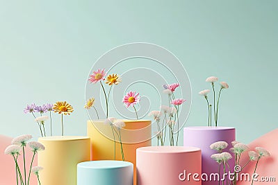 Colorful Summer Podium Stage with Flower Background Stock Photo