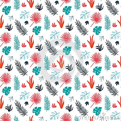 Colorful summer print with tropical leaves. Vector Illustration