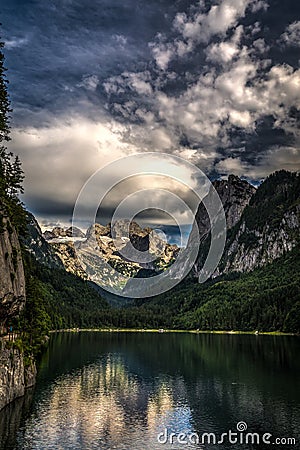 Colorful summer scene of Vorderer Gosausee lake with Dachstein glacier on background Stock Photo