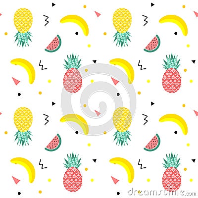 Colorful summer seamless pattern with fruits, banana, watermelon and geometric elements in memphis style background Vector Illustration