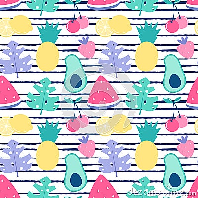 Colorful summer seamless vector pattern background illustration with pineapples, avocados, strawberries, cherries, lemons, waterme Vector Illustration