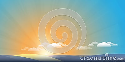 Colorful Summer Sunset Ocean Beach, Horizon with Sandy Dunes - Cloudy Sky, Sunshine, Sunrise, Sea, Sand and an Island Vector Illustration