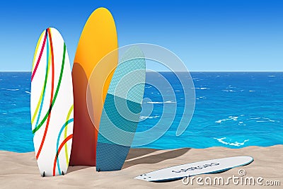 Colorful Summer Surfboards on the Sand Sunny Beach. 3d Rendering Stock Photo