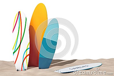 Colorful Summer Surfboards on the Sand Sunny Beach. 3d Rendering Stock Photo