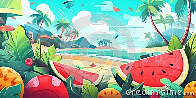 Colorful Summer time background with tropical fruits. generative AI Stock Photo