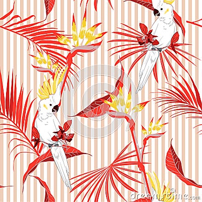 Colorful summer tropical jungle leaves with white macaw bird saemless pattern in vector suits for fashion ,fabric and all prints Stock Photo