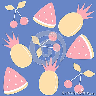 Cute colorful summertime seamless vector pattern background illustration with pineapples, cherries and watermelon Vector Illustration