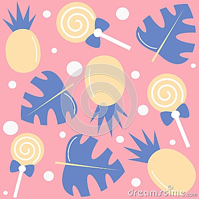 Cute colorful summertime seamless vector pattern background illustration with pineapples, lollipops and monstera leaves Vector Illustration