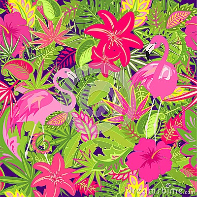 Colorful summery wallpaper with exotic flowers, tropical leaves and pink flamingo for fabric, textile, wrapping paper, greeting ca Vector Illustration