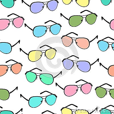 Colorful sunglasses seamless pattern, vector accessory background. Cartoon drawing multicolored bright spectacles on Vector Illustration