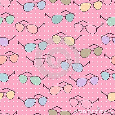 Colorful sunglasses seamless pattern, vector accessory background. Cartoon drawing multicolored pastel spectacles on Vector Illustration