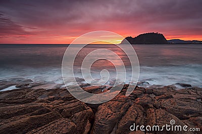 Colorful sunrise in Cantabric sea, Getaria Stock Photo