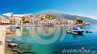 Colorful sunrise in Logari port with small fishing boat with Kyparissi village on background. Picturesque summer scene of Stock Photo