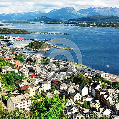 Colorful sunset in Alesund port town Editorial Stock Photo