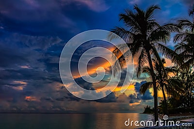 Colorful Sunset in the Bahamas with a palm tree in the foreground Stock Photo