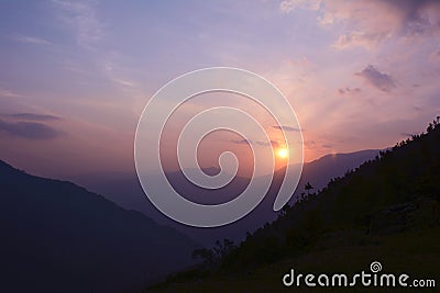 Colorful sunset in Himalayas, Nepal. View from Sete village Stock Photo