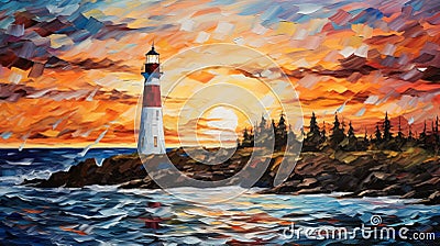 Colorful Sunset Lighthouse Oil Painting By Patrick Brown Stock Photo