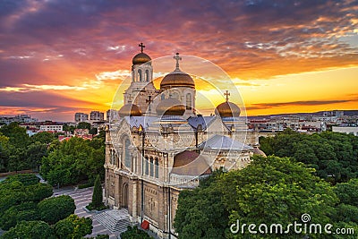 Aerial view of The Cathedral of the Assumption in Varna, Bulgaria. Sunset Stock Photo