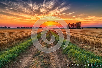 colorful sunset over endless fields of harvest moon Stock Photo