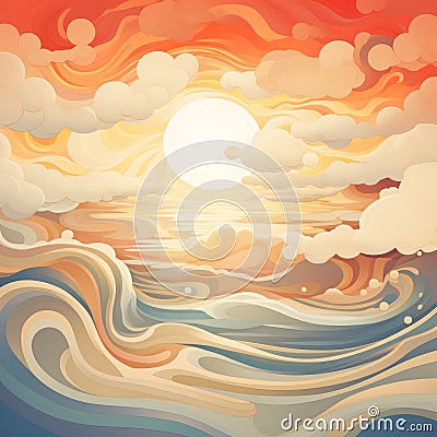 Colorful Sunset Seascape Illustration With Organic Flowing Forms Stock Photo