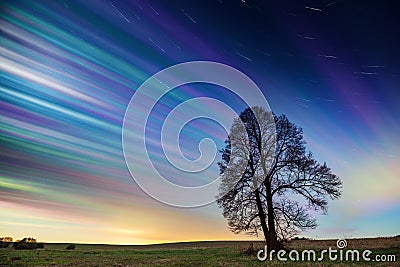 Timelapse of colorful sunset sky with stars over green field Stock Photo