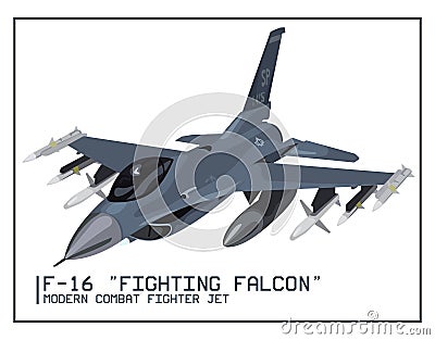 Colorful supersonic F-16 Fighting Falcon fighter jet. Modern combat aviation Vector Illustration
