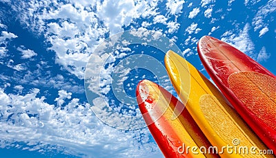 Colorful surfboards under clear blue sky, symbolizing the perfect summer vacation by the sea Stock Photo