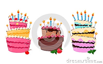 Colorful sweet cakes on white background. Set of cakes. Vector Illustration