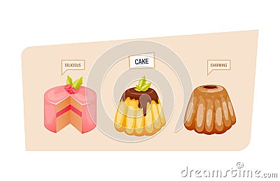 Colorful sweet charming cakes slices with glaze and chocolate cream. Vector Illustration