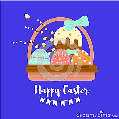 Colorful sweet Happy Easter greeting card with banny, rabbit, eggs and cake. Template for banner, postcard or sticker, design elem Vector Illustration