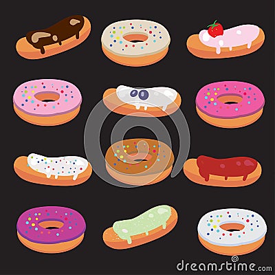 Colorful sweet set of donuts and eclairs isolated on a black background. Confectionery vector Illustration. Stock Photo