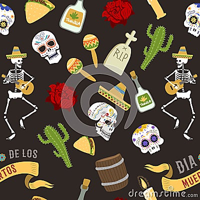 Colorful symbols for Dia de Los muertos day of the Dead Day vector seamless pattern background Vector Illustration