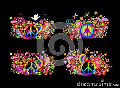Colorful t shirt prints collection with hippie peace symbol, flying dove with olive branch, abstract flowers, mushrooms, paisley a Vector Illustration